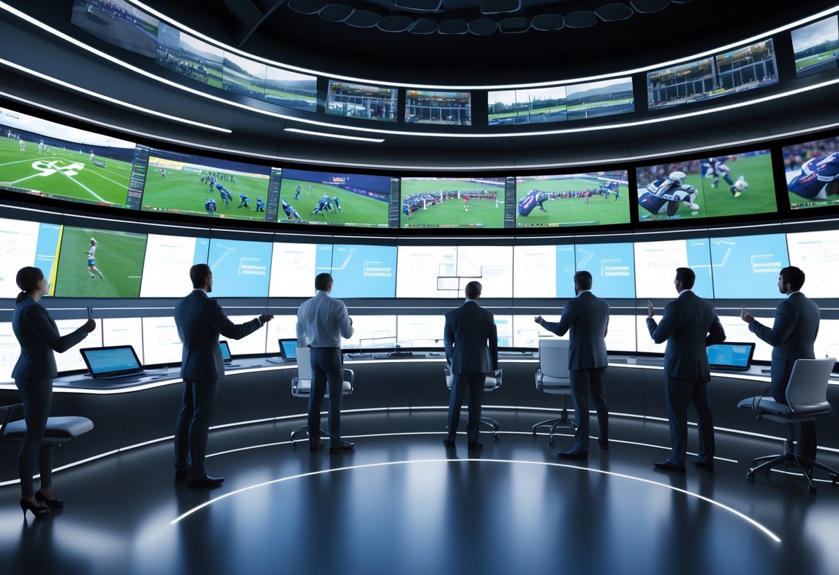 A team of people in a control room reviewing multiple video feeds on large screens.