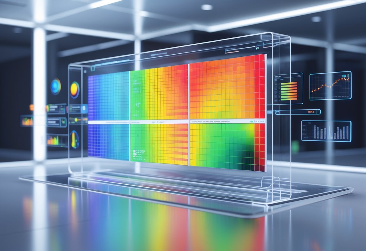 A 3D digital heat map with colourful gradients and surrounding data displays in a modern control room.