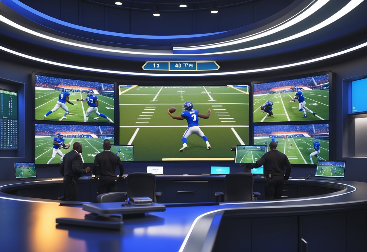 A group of officials reviewing multiple screens showing a football play with an incomplete pass and intentional grounding signals in a high-tech replay room.