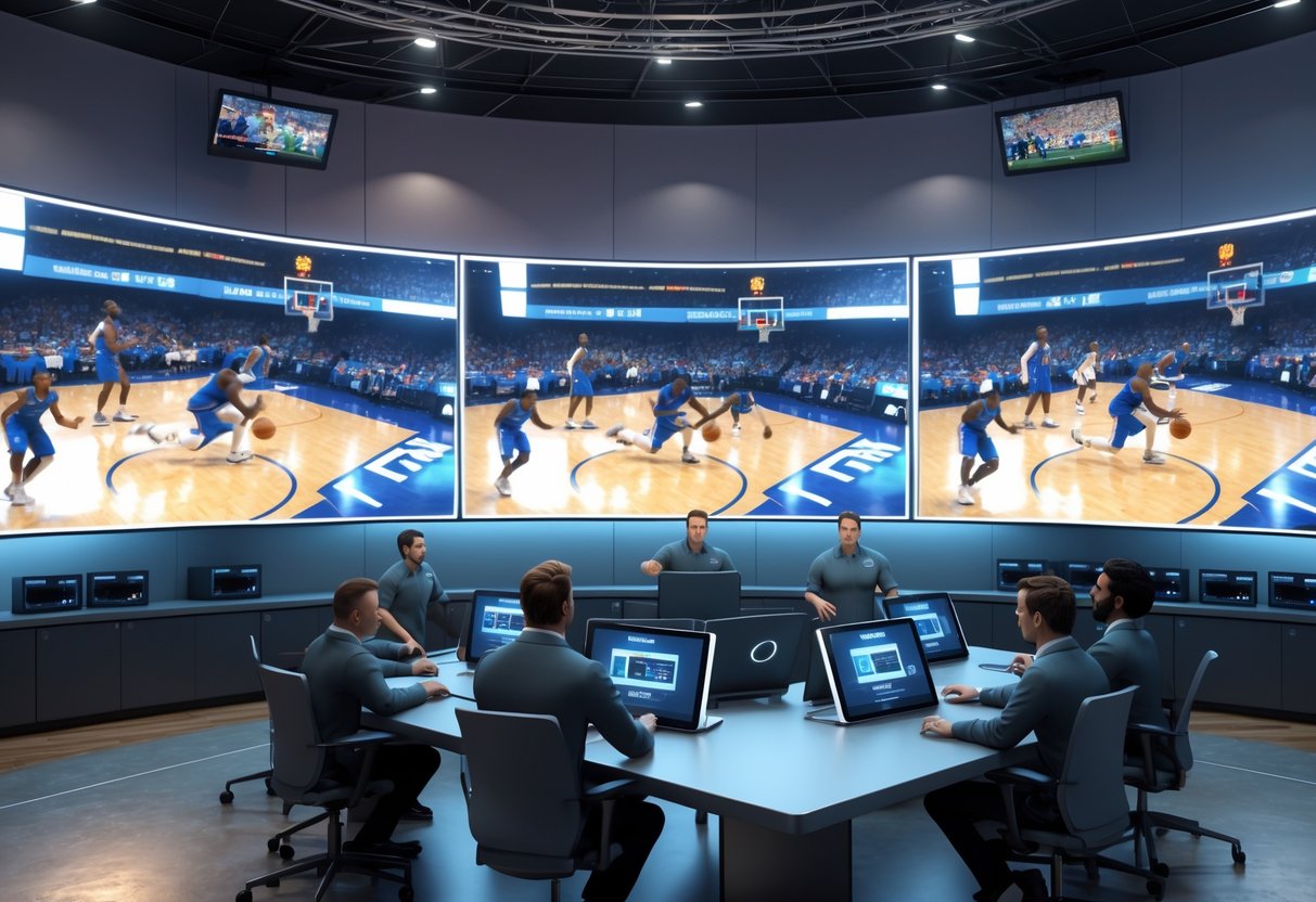 A sports replay review room with people watching slow-motion footage of players competing for a loose ball in a basketball game.