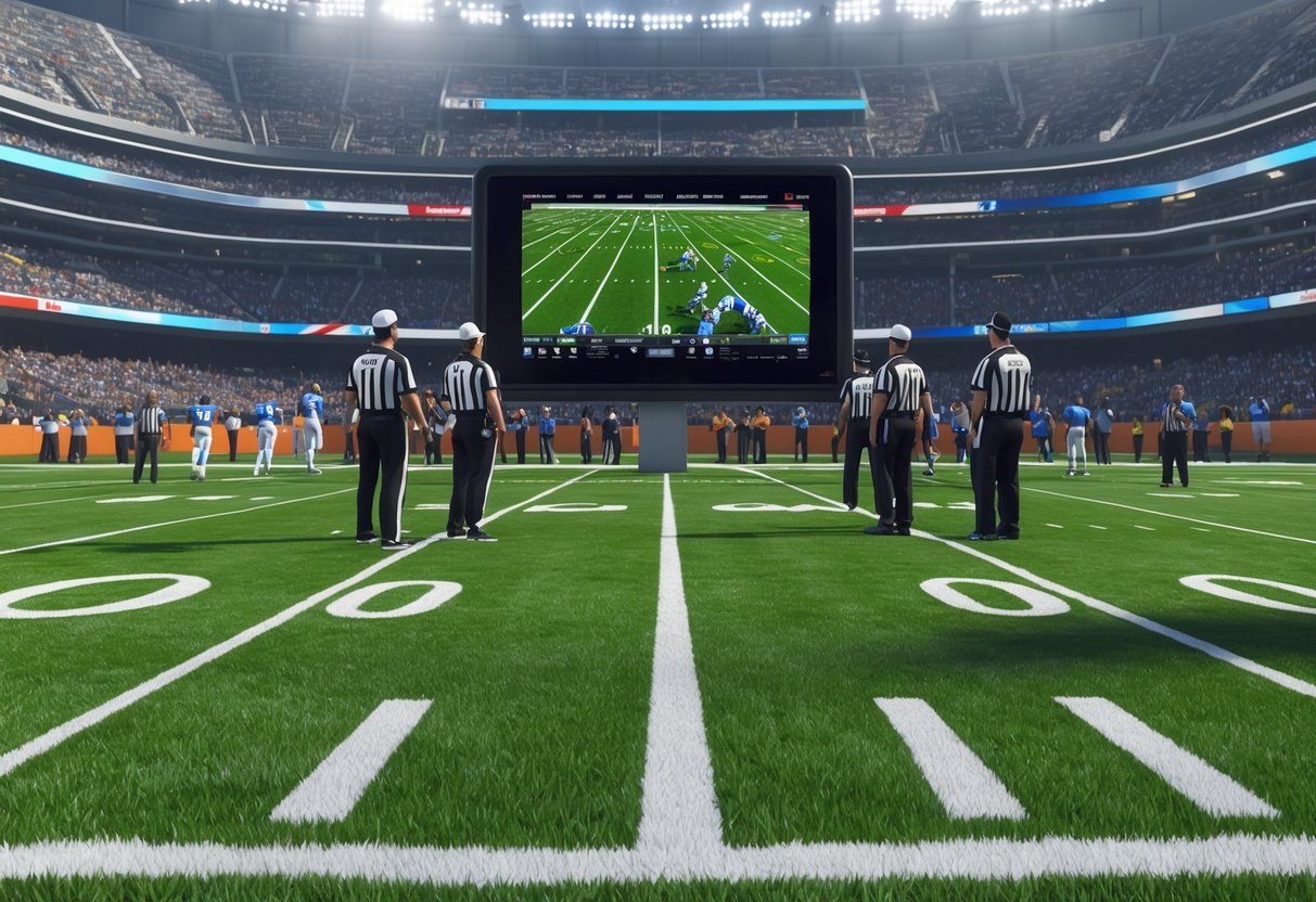 A football field with referees watching a replay on a large screen showing a close play near the boundary and line of scrimmage, surrounded by a stadium full of spectators.