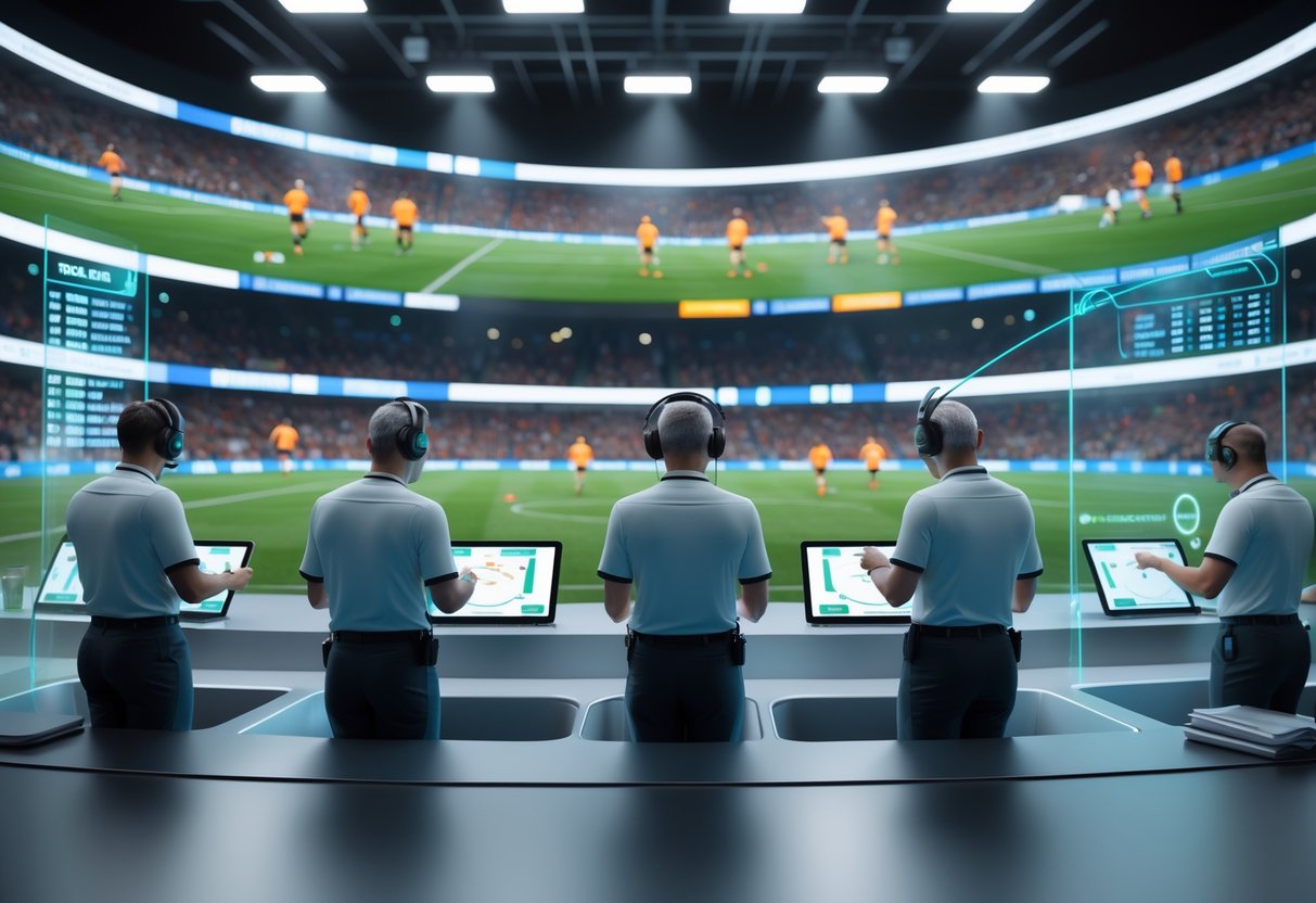 A group of sports officials reviewing multiple video angles on screens in a high-tech room during a penalty enforcement replay process.