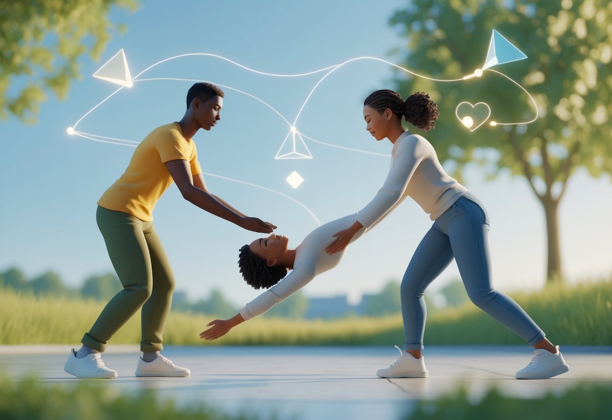 Two people outdoors performing a trust fall exercise, showing connection and trust between them.