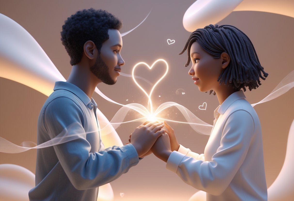 Two people gently holding hands and looking at each other, surrounded by soft glowing light and abstract shapes symbolising trust and openness.