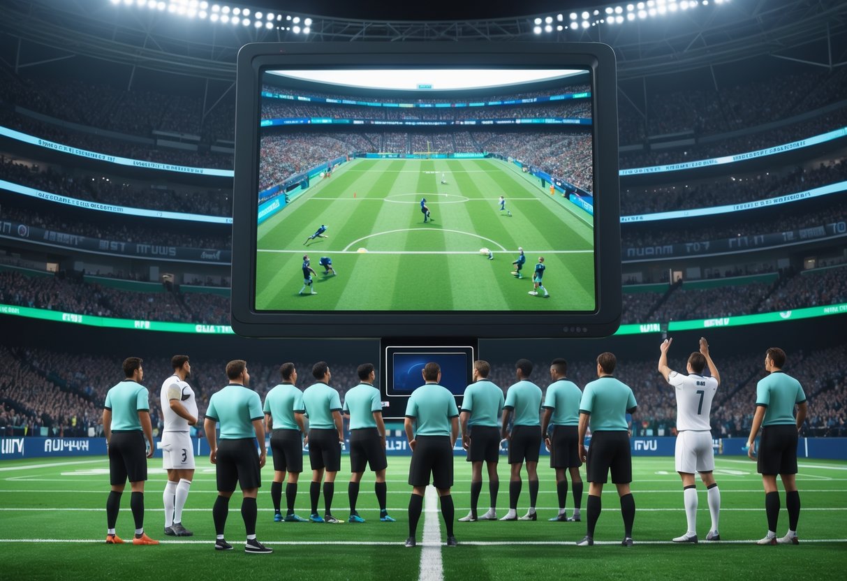 A football stadium scene showing referees reviewing a paused play on a large screen while players and fans watch attentively.
