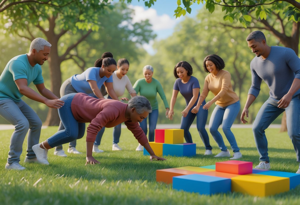 A group of people outdoors participating in trust exercises and problem-solving activities together.