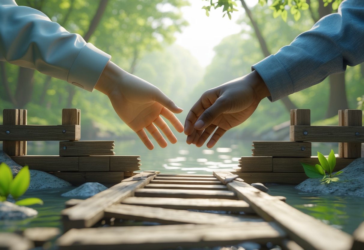 Two hands reaching out towards each other over a partially rebuilt wooden bridge in a peaceful natural setting.