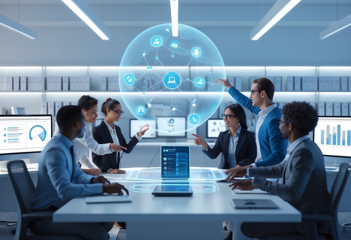 A modern office with people collaborating around a desk displaying a floating holographic interface showing interconnected question and review icons.