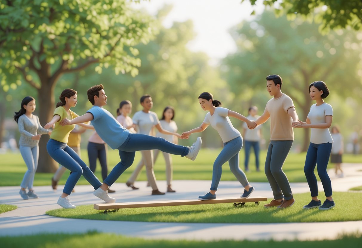 People of different backgrounds participating in various trust exercises together in a sunny outdoor park.