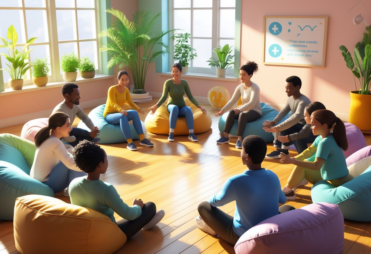 A group of people participating in trust-building exercises in a bright, welcoming room with plants and comfortable seating.