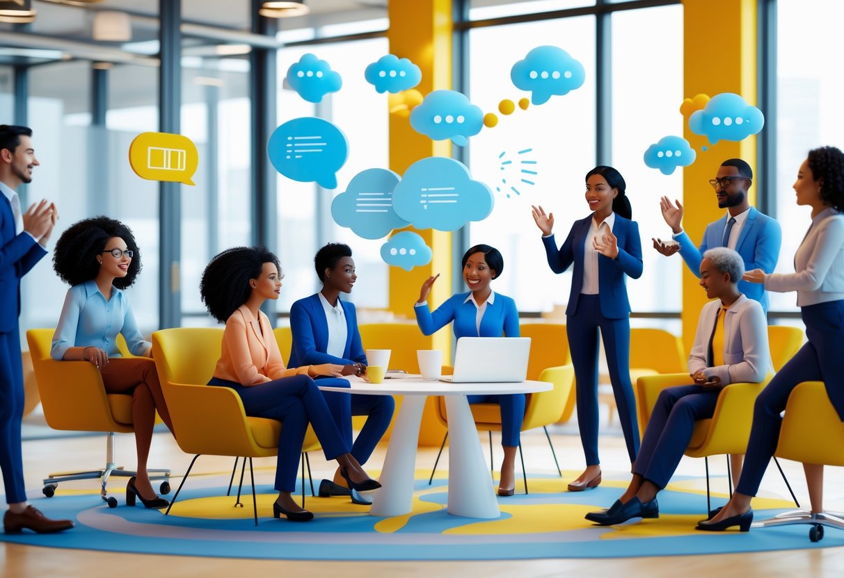 A group of diverse people interacting in a bright room, showing active communication and listening during a group exercise.
