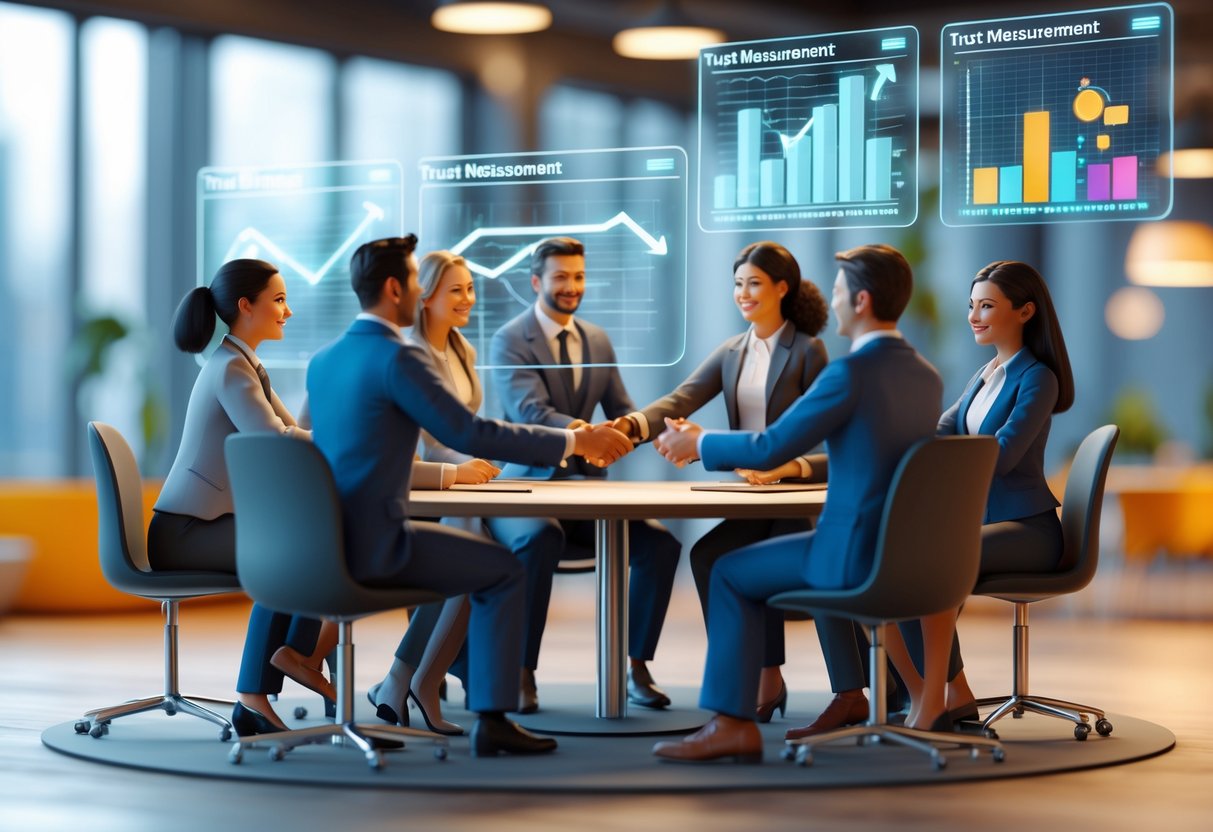 A group of professionals working together around a table with digital charts and holographic graphs showing trust progress in an office setting.