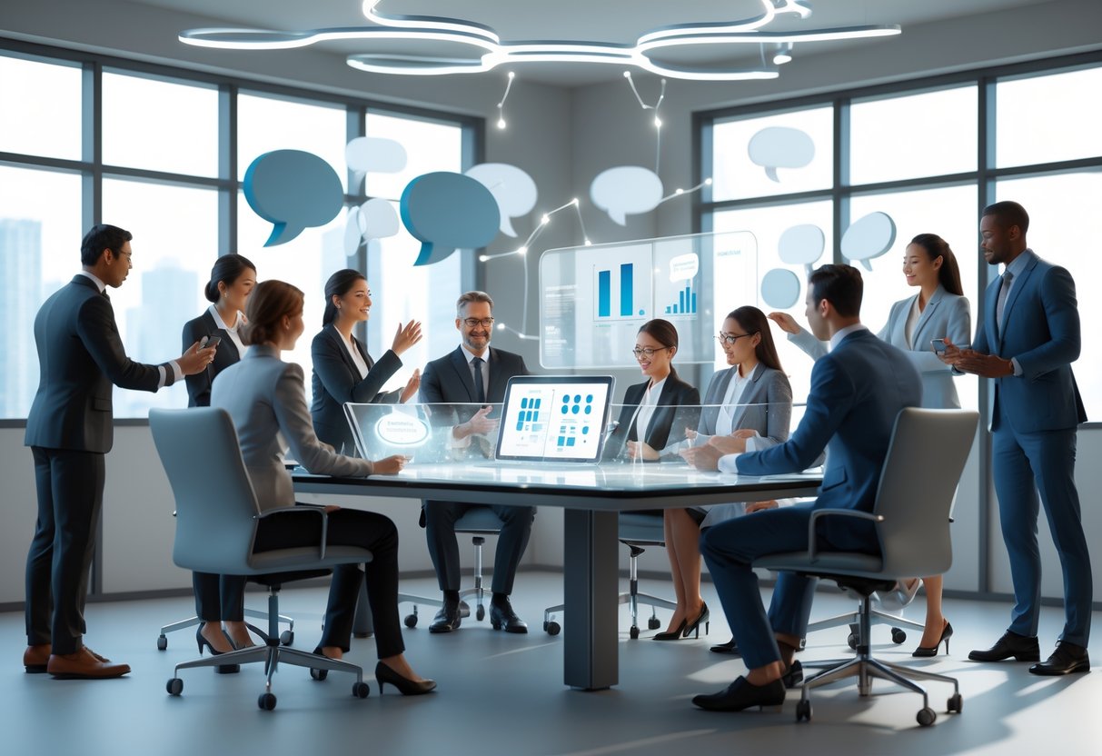 A group of people in an office practicing communication exercises together around a table with digital screens and speech bubbles above them.