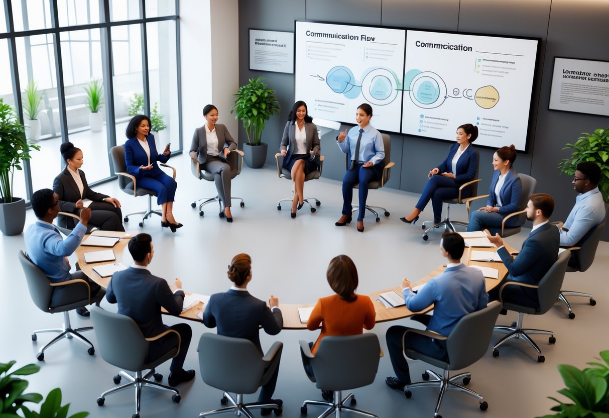 A group of professionals in a training room participating in leadership and communication exercises, interacting and listening attentively around a central facilitator.
