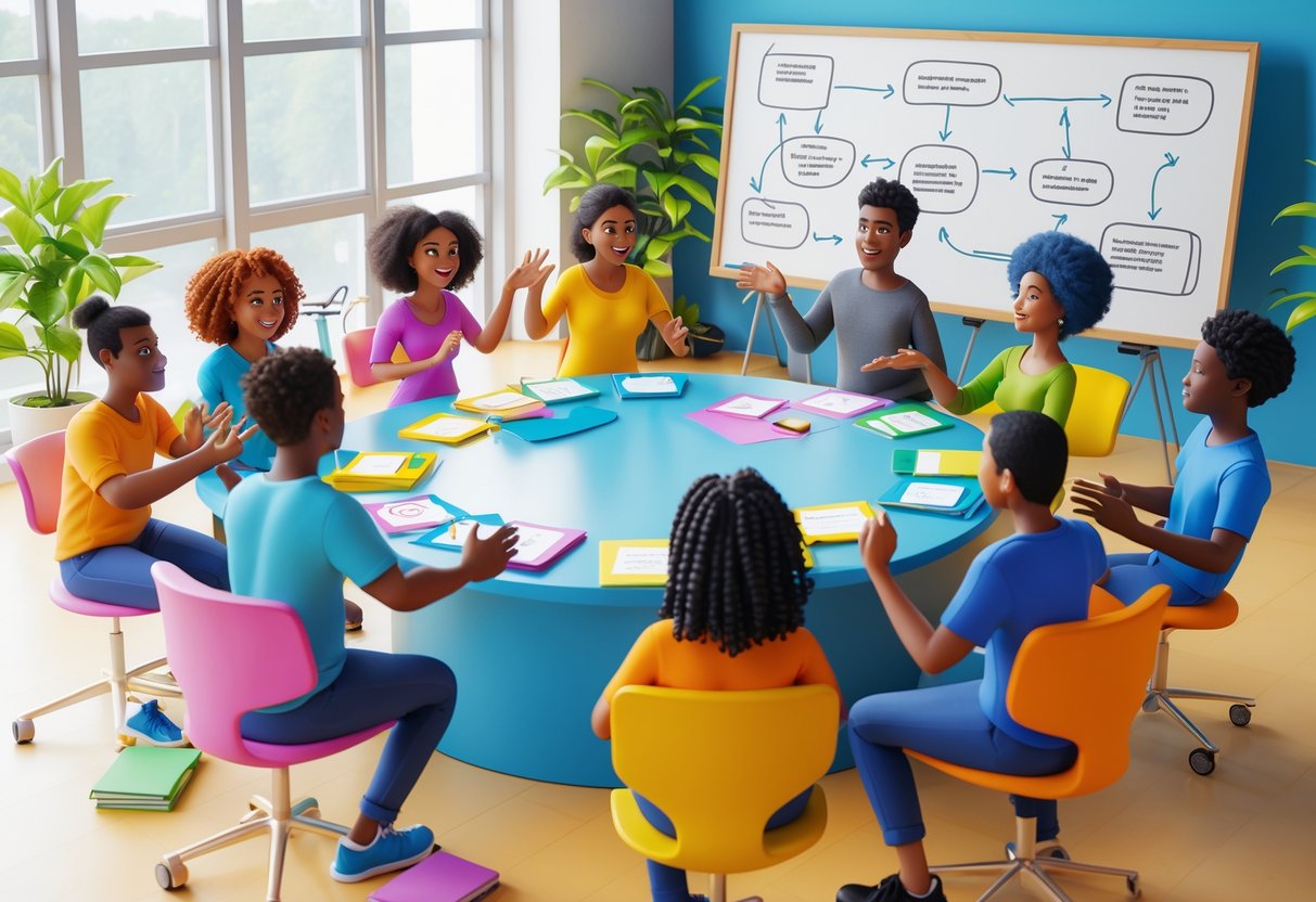 A group of diverse people sitting around a table in a bright room, actively sharing ideas and acting out stories during a creative communication exercise.