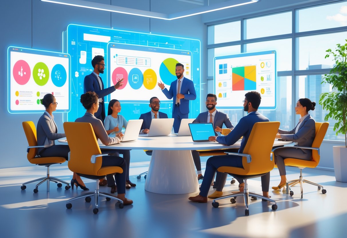 A group of people working together in an office and on virtual screens, participating in a team communication exercise.