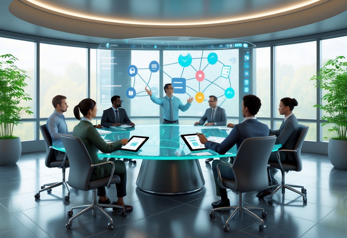 A group of six people in a meeting room working together around a glass table with a digital screen showing communication icons.