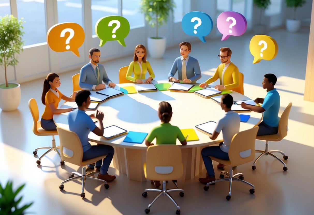 A group of people sitting around a table engaged in a communication exercise with floating question marks and speech bubbles in the background.