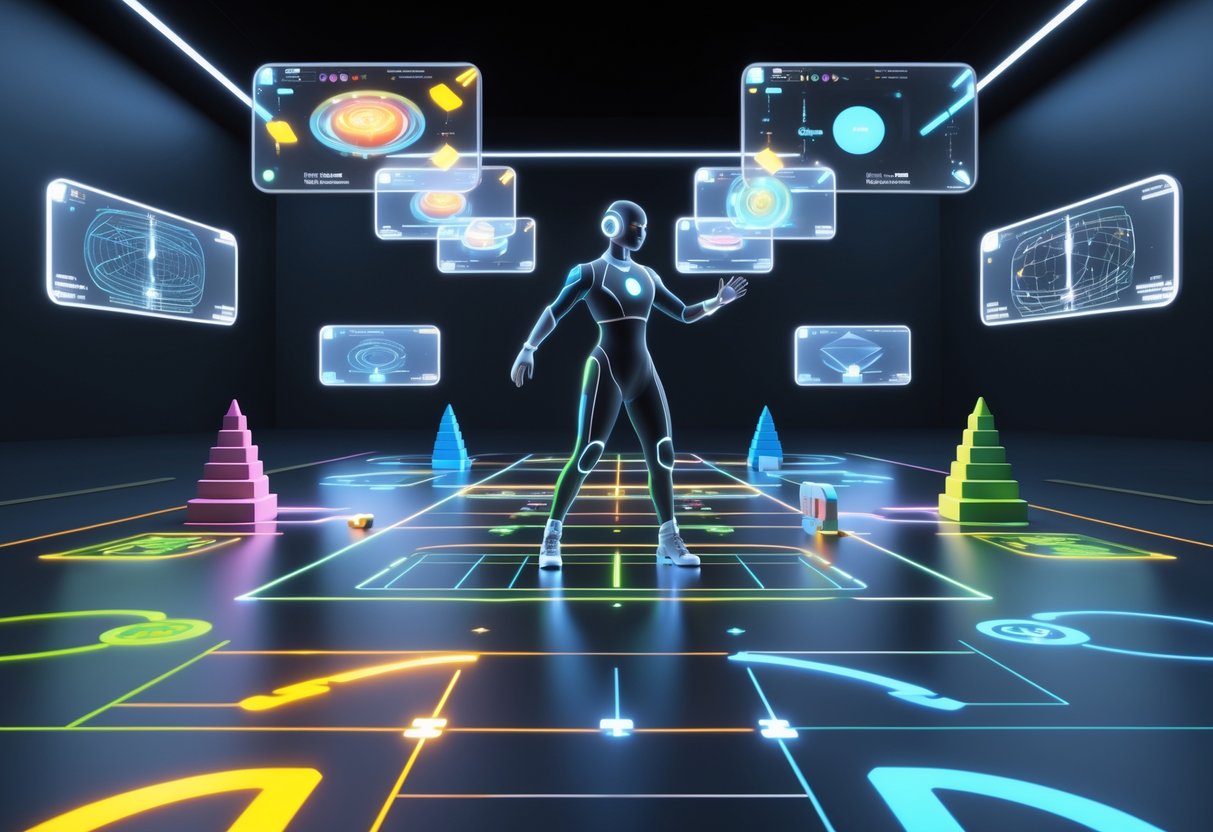 A futuristic indoor arena with a person interacting with floating holograms and geometric shapes arranged in patterns for advanced positioning practice.