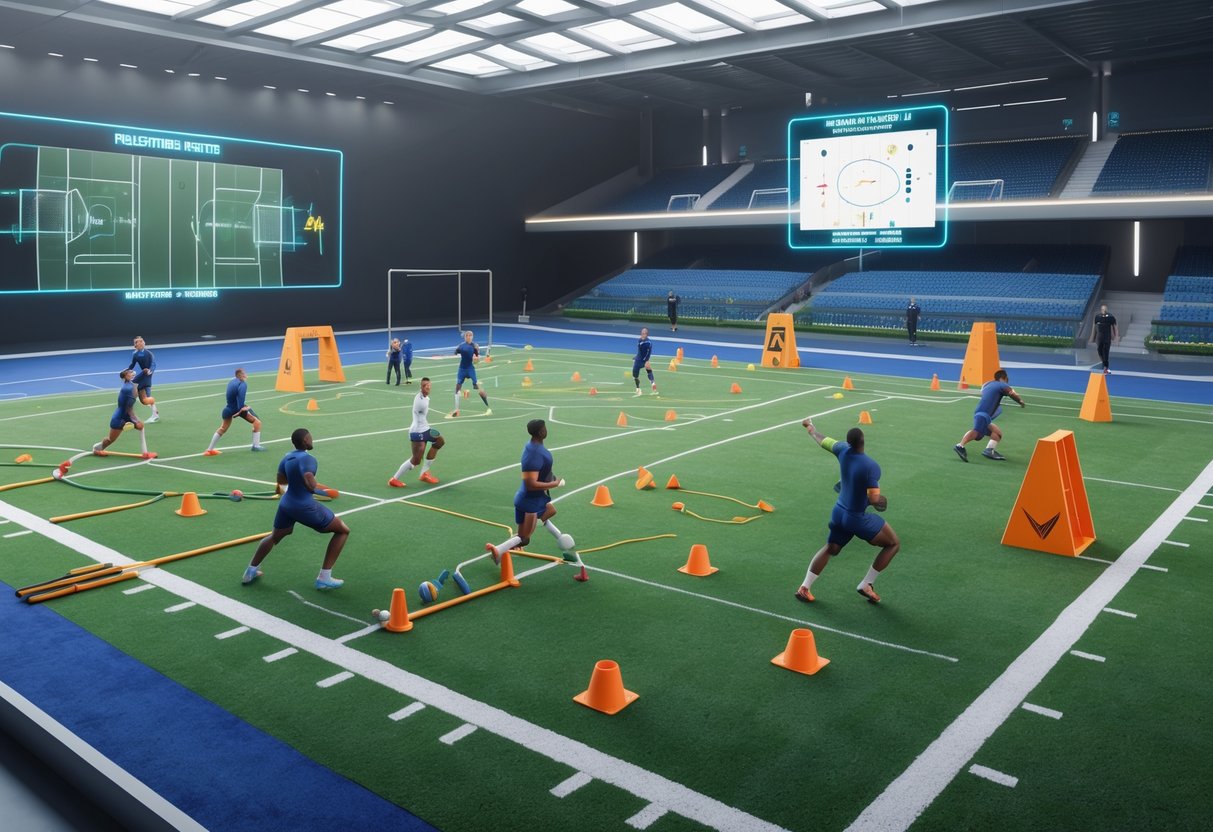 Indoor sports training facility with athletes practicing position play drills under coach supervision, surrounded by training equipment and tactical displays.
