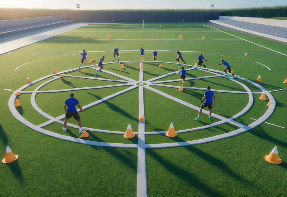 Athletes practicing positional drills on a sports field with cones arranged in a circular pattern, moving and interacting during training.