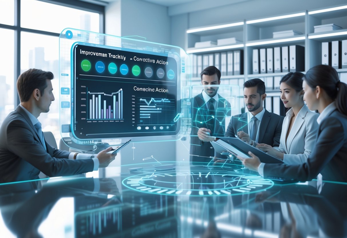 A modern office scene with a team collaborating around a glass table, digital dashboards showing charts and progress, and floating panels illustrating tracking and documentation of improvement actions.