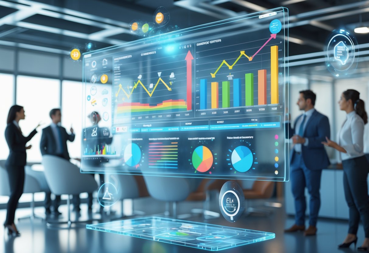 A modern office scene showing a floating digital dashboard with colourful graphs and charts, with people discussing progress in the background.