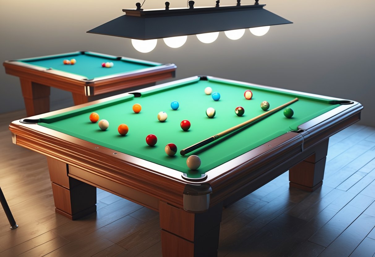 A billiards table with several cue balls and coloured balls arranged for target practice drills in cue ball placement.