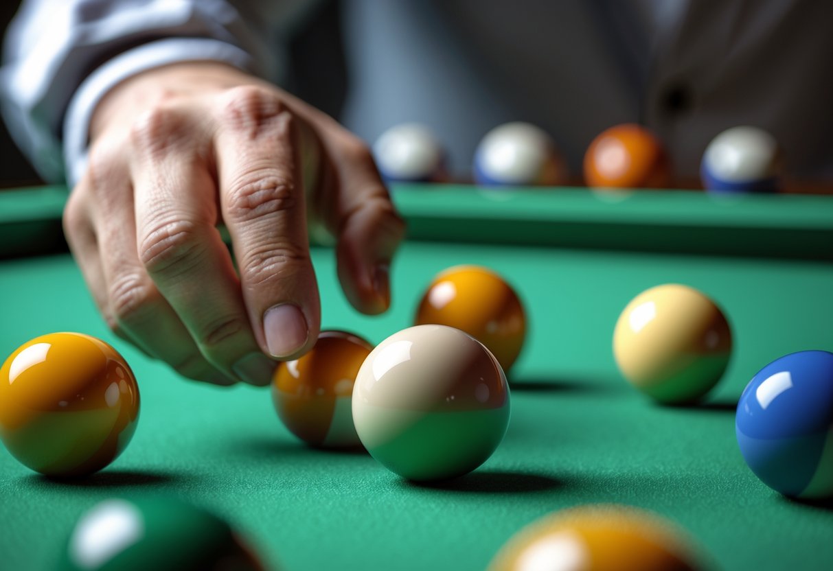 A close-up view of a billiards table showing a hand holding a cue ball above the table with several coloured balls arranged for position play practice.
