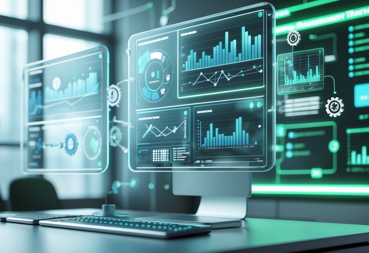 A 3D scene showing a futuristic workspace with floating holographic screens displaying charts and graphs related to software improvement tracking and continuous progress.