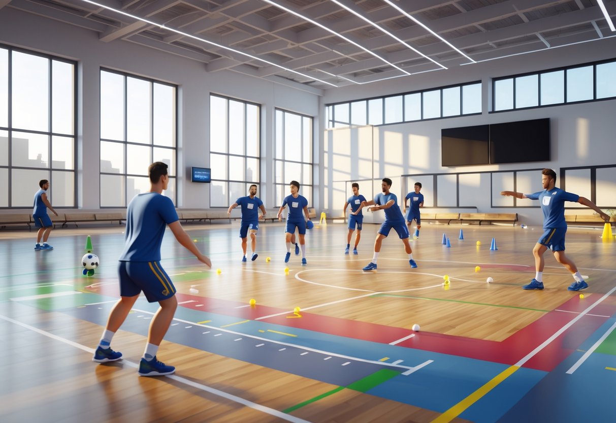 A modern indoor sports training facility with athletes practicing positioning and teamwork drills on a marked wooden floor.