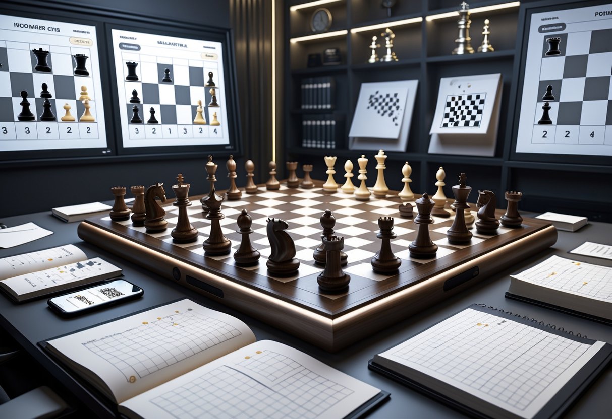 A 3D scene of a chess training room with a chessboard showing a mid-game position, digital screens with chess diagrams, books and a tablet on a table, and shelves with chess trophies in the background.