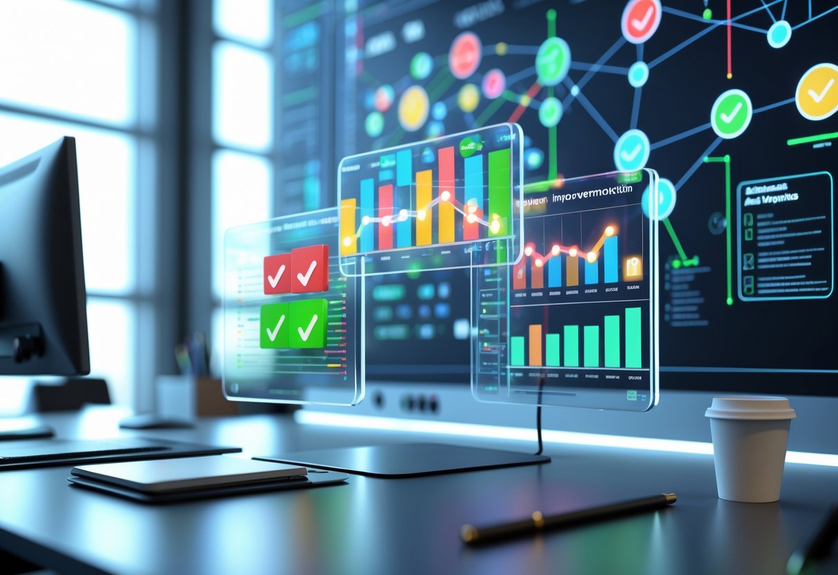 A modern office desk with floating digital screens showing colourful charts and graphs, a holographic checklist, and a large wall display of interconnected flowcharts representing improvement tracking and auditing.