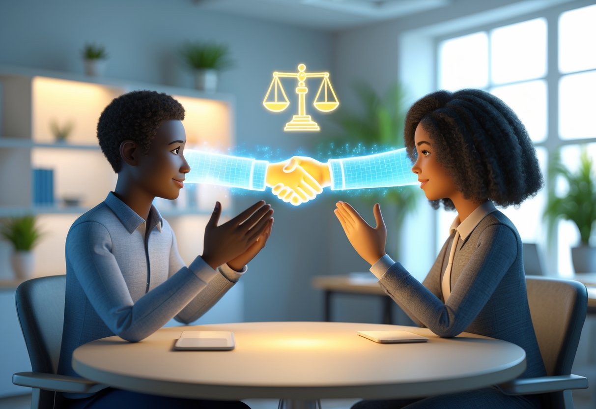 Two people sitting at a round table having a calm and respectful conversation with a glowing handshake and balanced scale symbol floating between them.