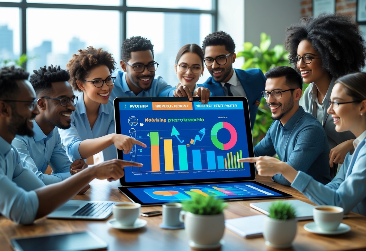 A team of people gathered around a digital touchscreen table with colourful charts, actively discussing and collaborating in a bright office.