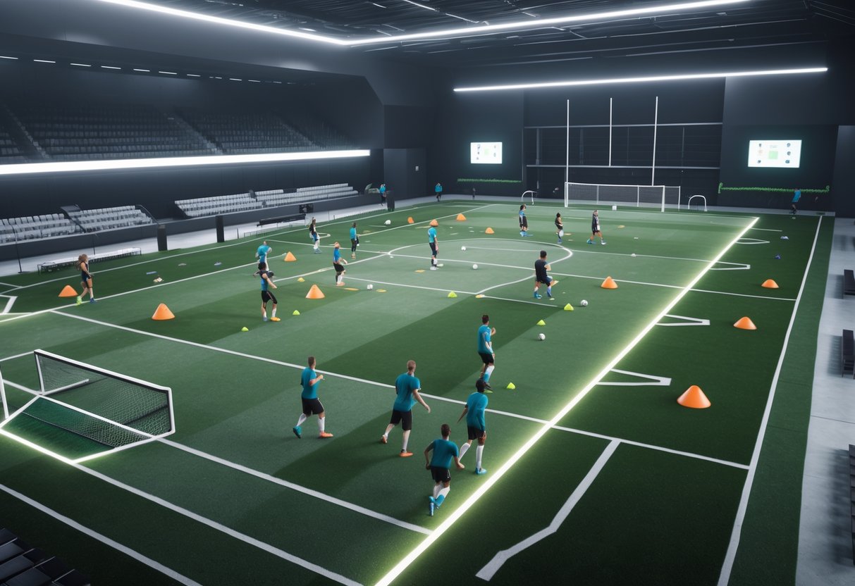 Indoor football pitch with players practising position play drills under the guidance of coaches.