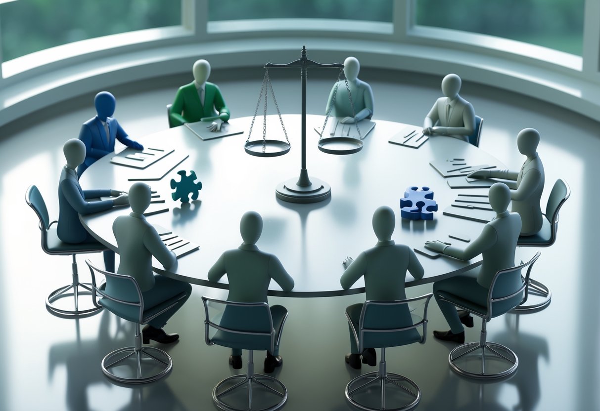 A round table with diverse people discussing, surrounded by symbols like scales, puzzle pieces, an olive branch, a handshake, and a light bulb representing conflict resolution strategies.