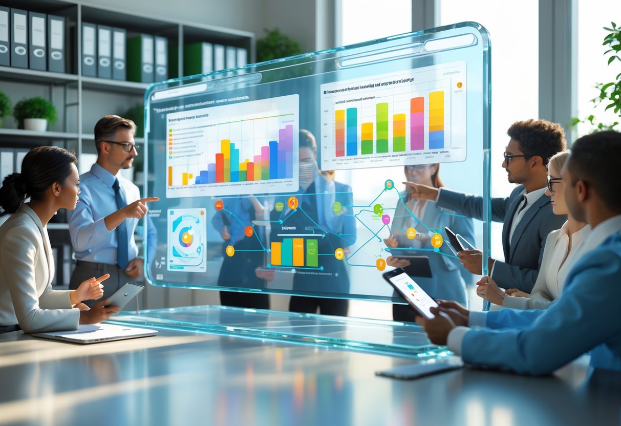 A modern office scene showing professionals collaborating around a floating digital dashboard with colourful graphs and charts tracking improvement progress.
