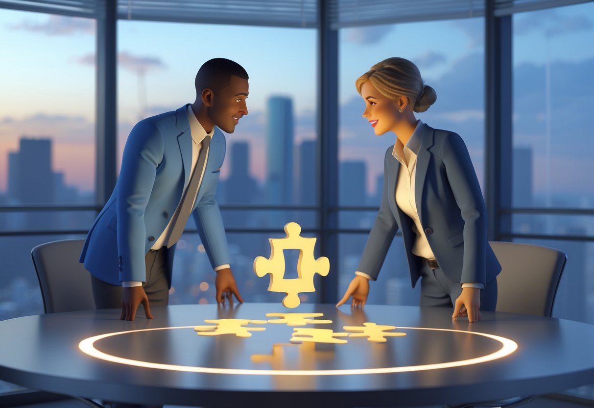 Two business professionals standing at a round table in an office, engaged in a friendly discussion with symbols of compromise and collaboration on the table.