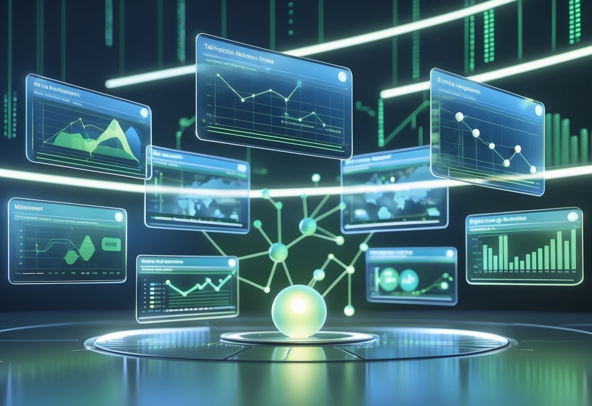 A 3D scene showing floating holographic panels with charts and progress indicators arranged around a glowing central orb, representing tracking of improvements in frequently asked questions.