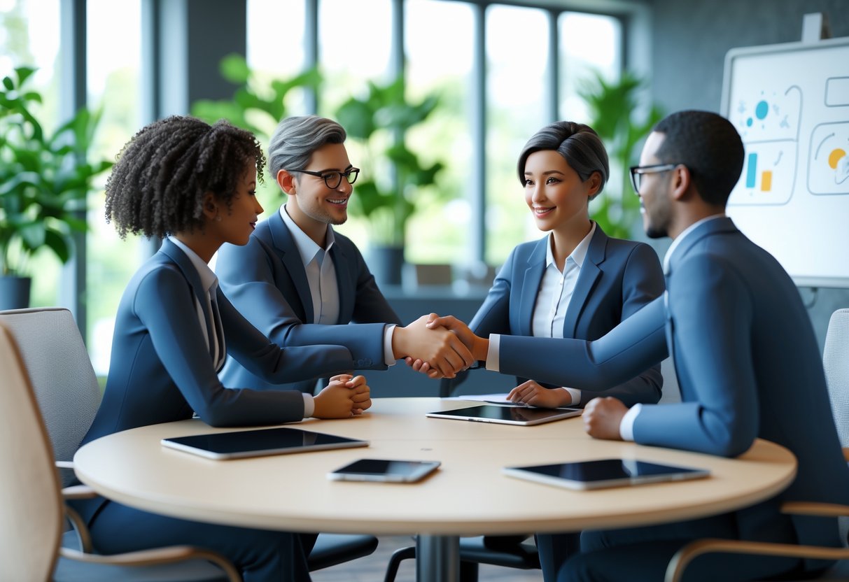 Three professionals in an office meeting room calmly discussing and shaking hands around a table, indicating workplace conflict resolution.