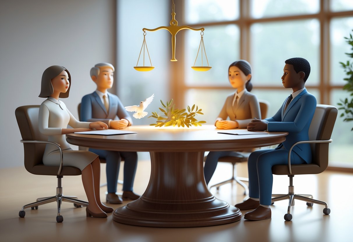 Three diverse people sitting around a round table with balanced scales of justice floating above, in a bright room symbolising fairness and peaceful mediation.