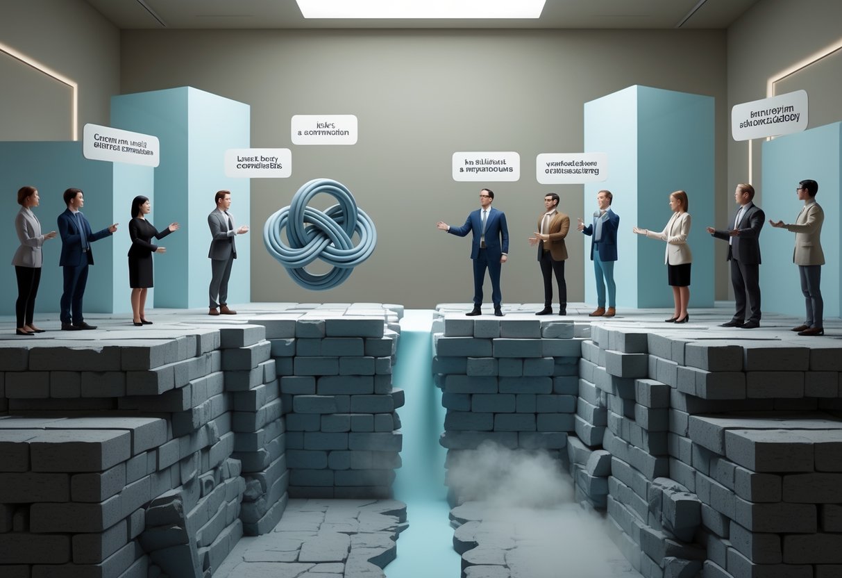 Two groups of people separated by a wide gap with symbolic obstacles like a knot, locked door, fog, and brick wall between them, showing difficulties in resolving conflict.