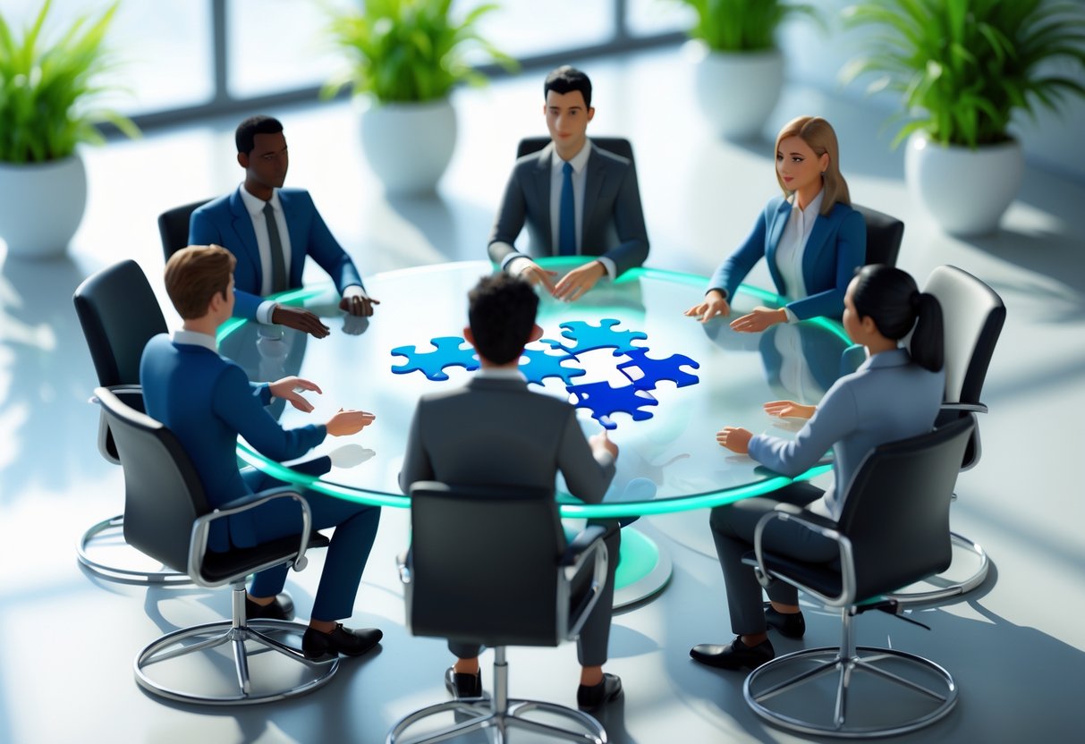 A group of diverse professionals sitting around a table in a bright office, discussing and collaborating with a hologram of connected puzzle pieces in the centre.