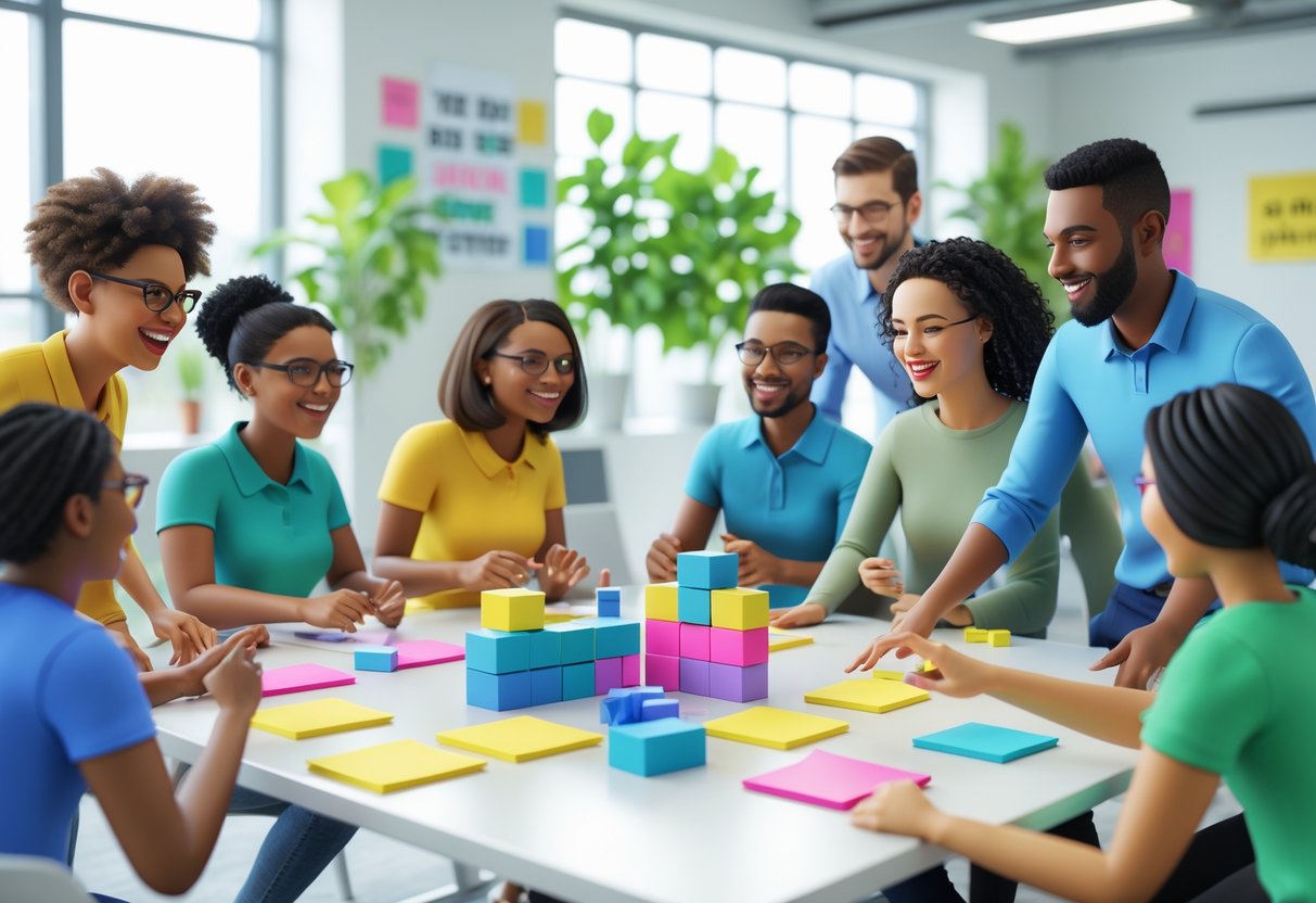 A group of people participating in team-building activities together in a bright office space.