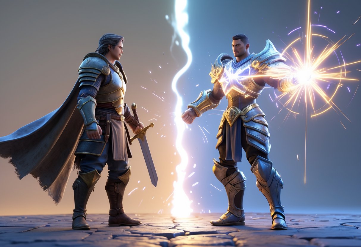 Two characters face each other on a battleground, one with classic armour and sword, the other with glowing ornate armour and a large futuristic weapon, showing a contrast in power levels.