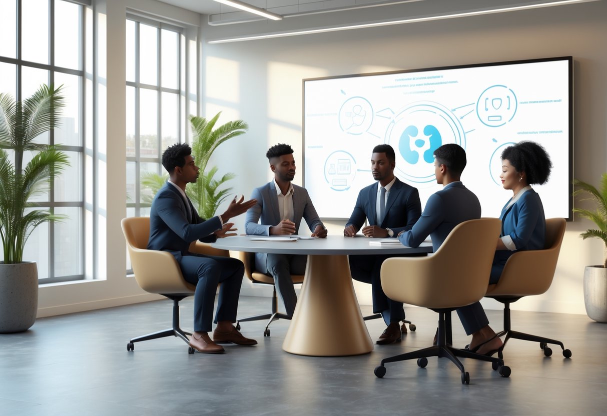 A group of four people sitting around a round table in an office, having a calm discussion with a digital screen in the background showing abstract communication graphics.