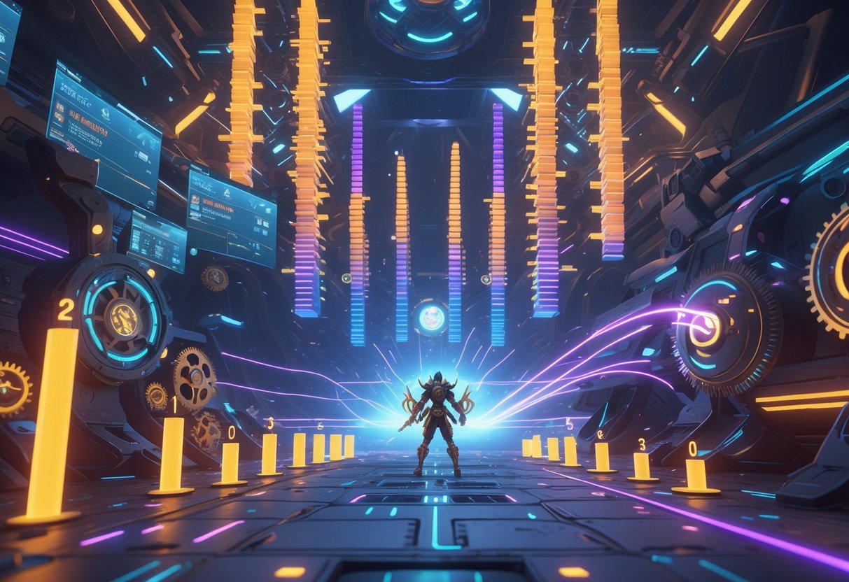 A futuristic battle arena showing rising glowing bars representing increasing damage, surrounded by mechanical gears and a warrior with glowing weapons emitting energy.
