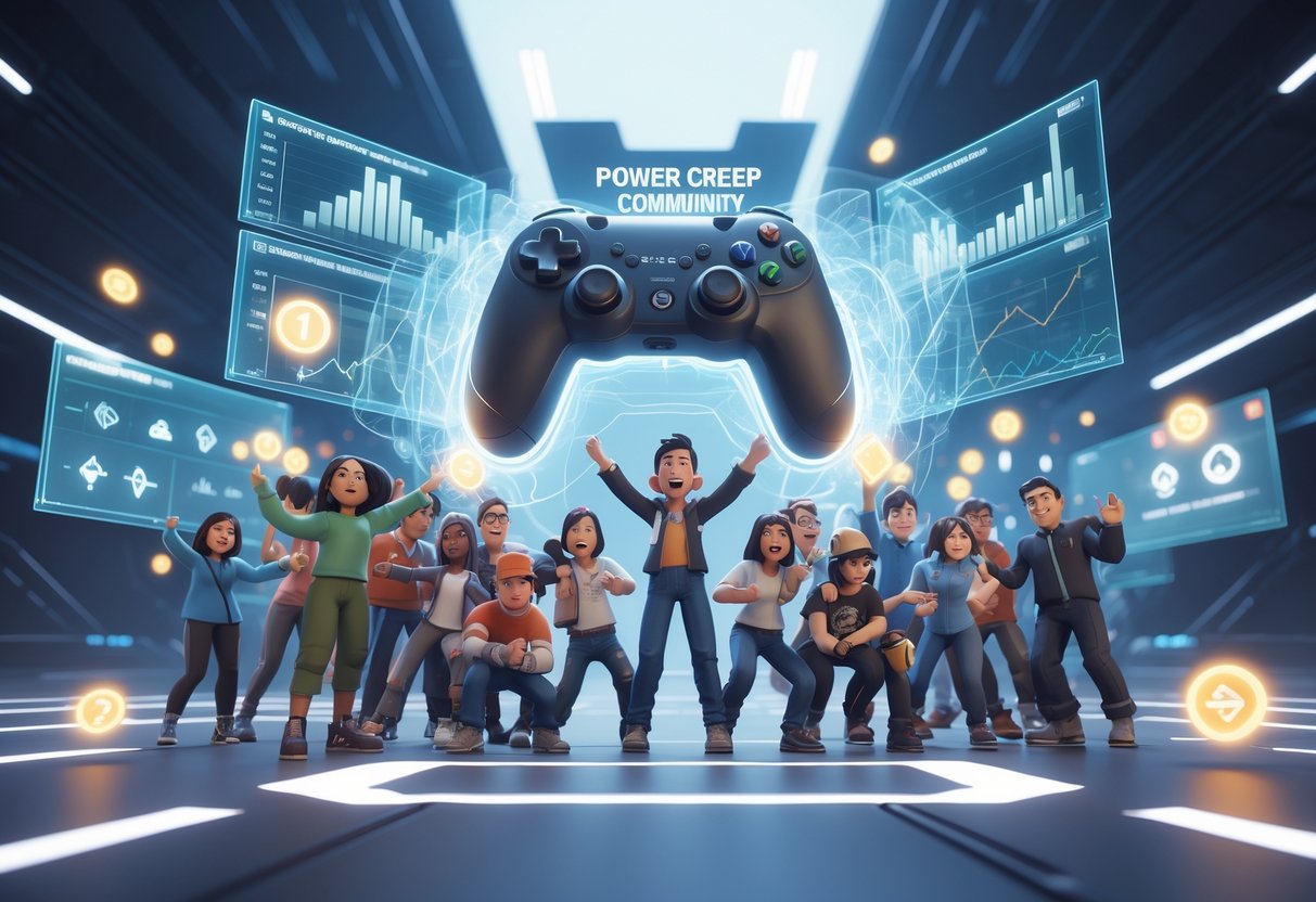 A group of players with varied emotions gather around a glowing game controller surrounded by holographic charts and game icons showing changes in power levels.