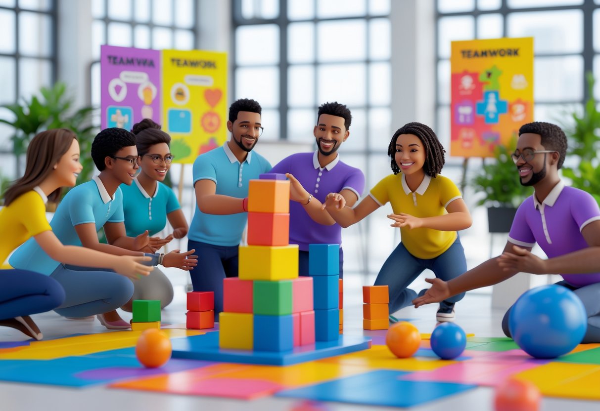 A group of people working together on team building games in a bright room, collaborating and communicating actively.